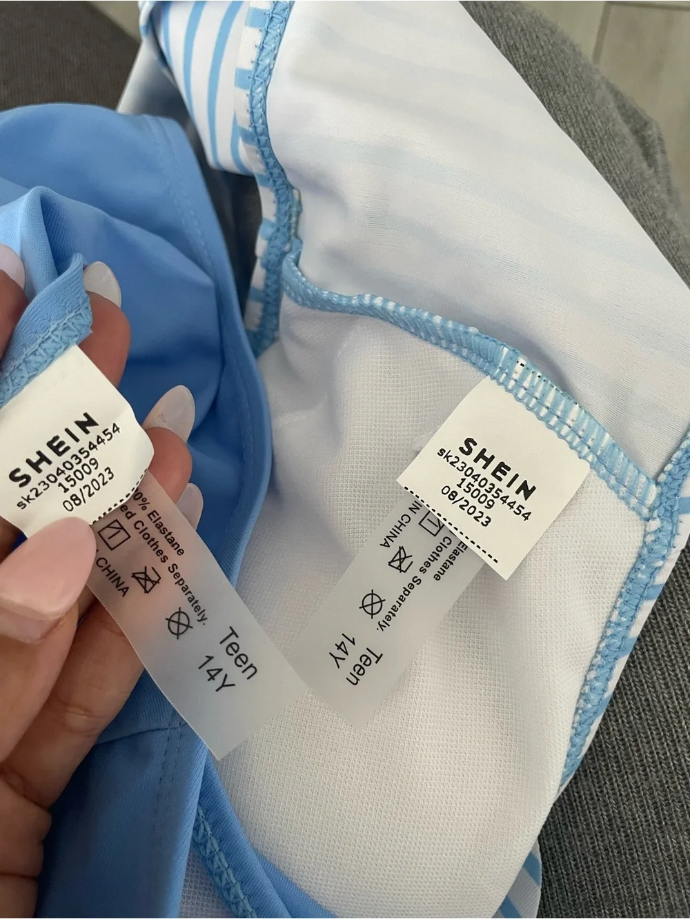 SHEIN Girls Blue & White Striped Ruffle Bikini Swimsuit Set | Size 14Y | NWT